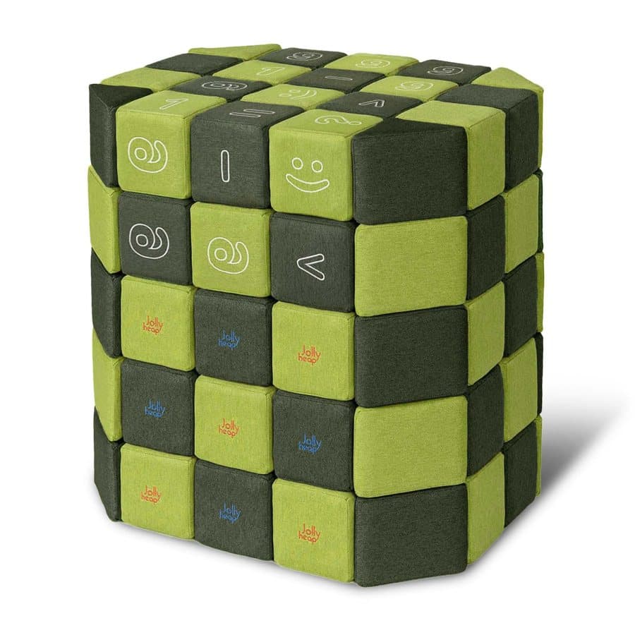 The JollyHeap Numo 100 set arranged into a cuboid of green blocks with digits and operation signs