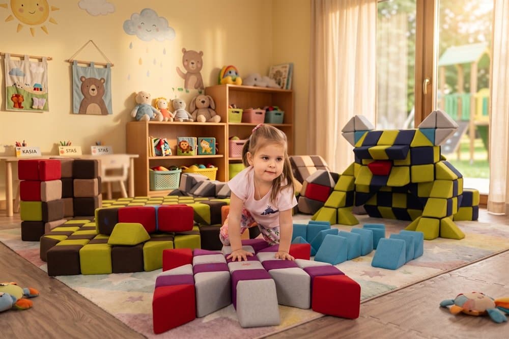 A girl on all fours crossing a path of blocks