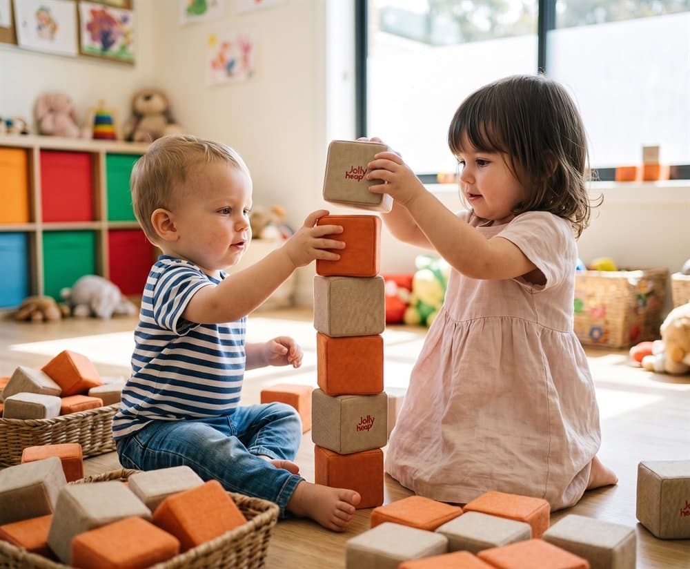 Two small children building a tower from blocks together