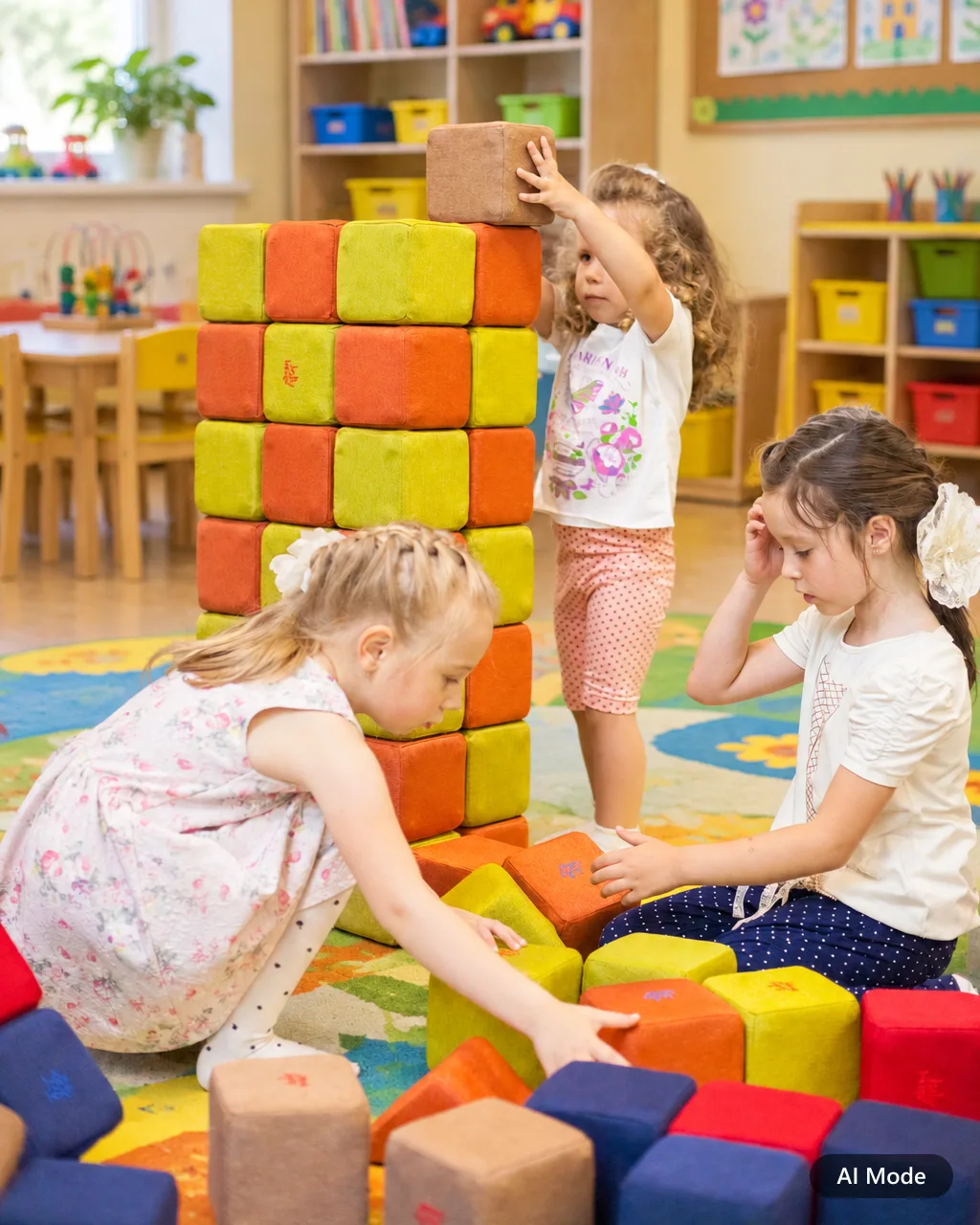 Duże piankowe klocki magnetyczne w strefie konstruowania w przedszkolu: dzieci budują wieżę i mur